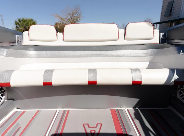  Yacht Photos Pics 2017 Formula 382 FASTech boat interior with white and red seating and striped flooring.