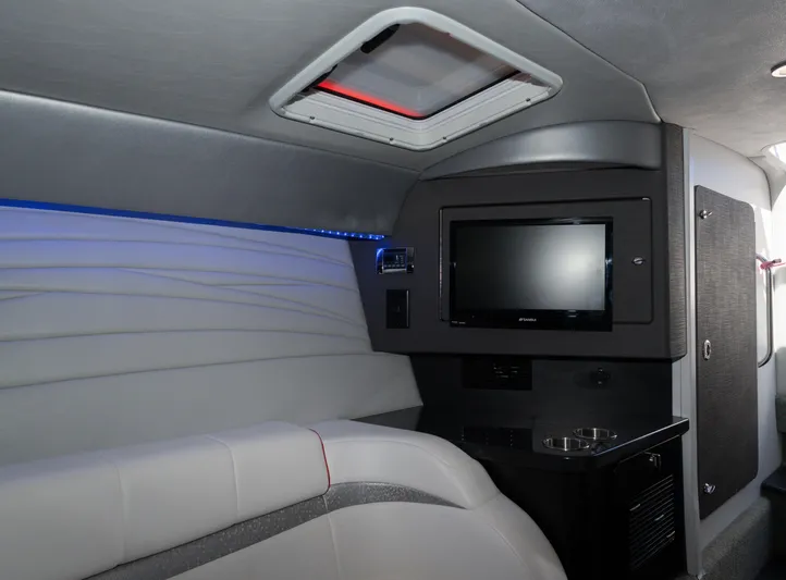  Yacht Photos Pics Interior of 2017 Formula 382 FASTech boat with TV and modern seating.