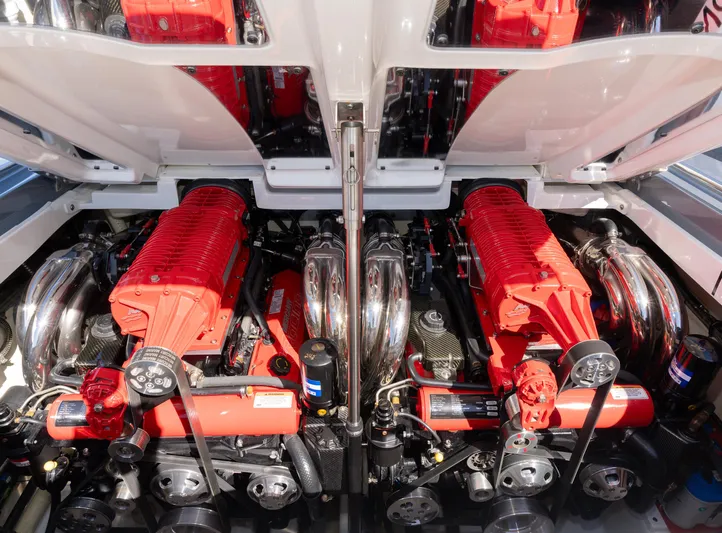  Yacht Photos Pics 2017 Formula 382 FASTech boat engines with red covers and chrome components.