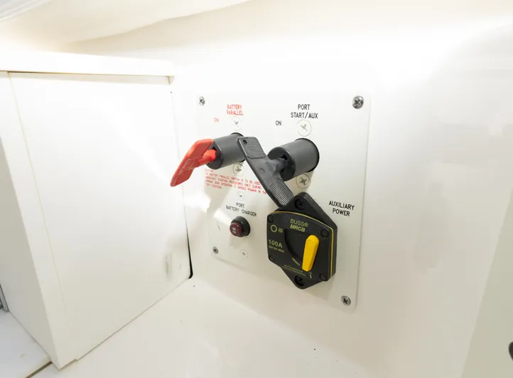  Yacht Photos Pics Control panel of a 2017 Formula 382 FASTech boat with safety toggle and auxiliary power switch.