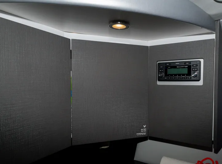  Yacht Photos Pics Interior of 2017 Formula 382 FASTech boat with modern cabinetry and audio system.