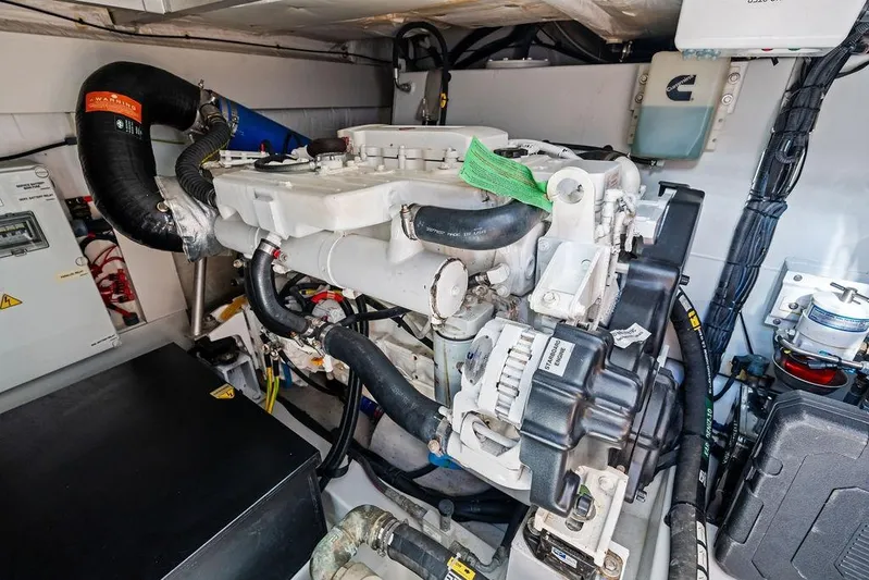 Roma Yacht Photos Pics Engine room of 2021 Azimut Magellano 43 yacht, showcasing detailed mechanical components.