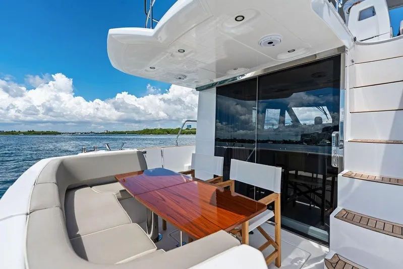 Roma Yacht Photos Pics Azimut Magellano 43 yacht deck with seating and table, 2021 model, on open water.