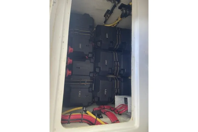  Yacht Photos Pics Battery compartment of 2022 SeaVee 370z boat with organized wiring.
