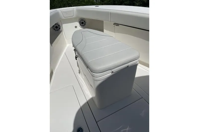  Yacht Photos Pics 2022 SeaVee 370z boat interior with cushioned seating and speakers.