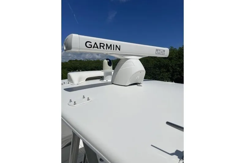  Yacht Photos Pics Garmin radar on 2022 SeaVee 370z boat under clear blue sky.