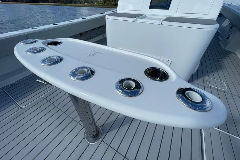  Yacht Photos Pics Fishing rod holders on a 2022 Freeman 47 boat deck.