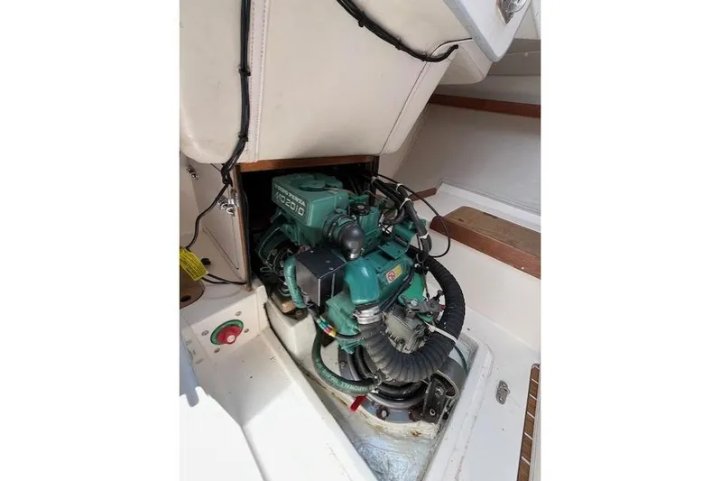  Yacht Photos Pics Engine compartment of a 2005 J Boats J/100 sailboat, featuring a Volvo Penta engine.