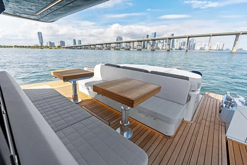  Yacht Photos Pics Luxurious SACS Rebel 55 yacht interior with city skyline and bridge view, 2026 model.