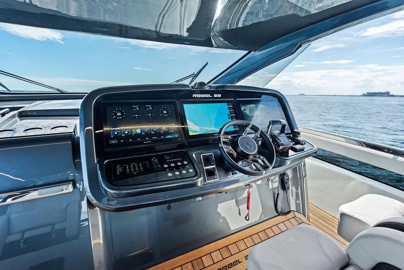  Yacht Photos Pics Helm of 2026 SACS Rebel 55 yacht with advanced navigation systems.