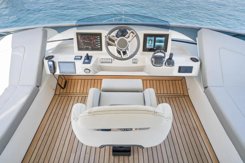  Yacht Photos Pics 2024 Absolute 58 Navetta helm with modern controls and teak flooring.