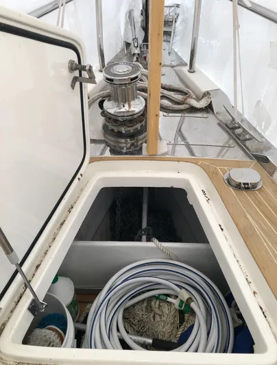 Pneumatic Yacht Photos Pics Storage compartment on 2020 Bluewater 56 yacht deck with ropes and equipment.