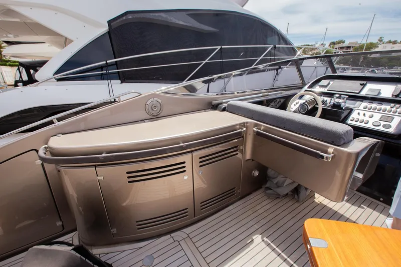  Yacht Photos Pics 2009 Riva 52 Rivale yacht cockpit with sleek controls and modern design.