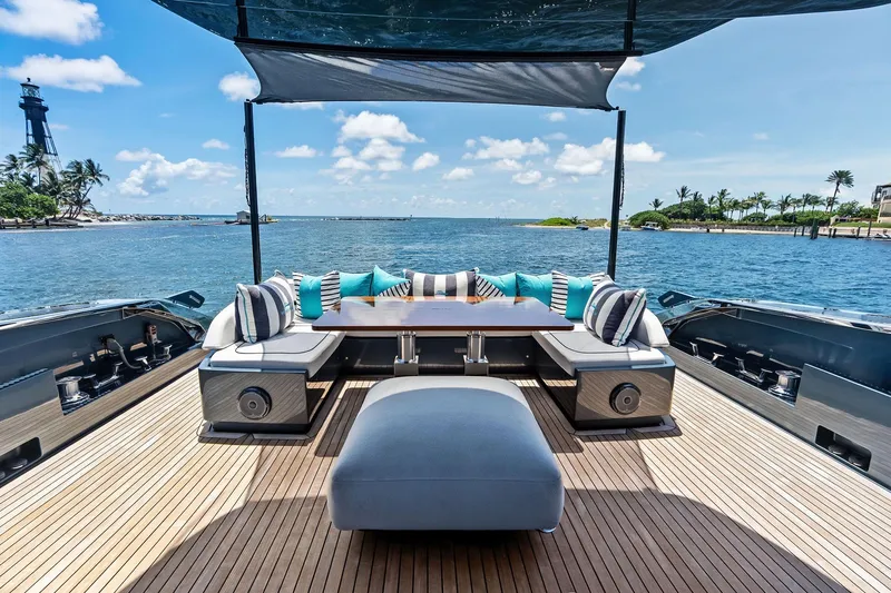 Momentum Yacht Photos Pics Luxurious 2024 Riva 76 PERSEO Super yacht deck with elegant seating and ocean view.