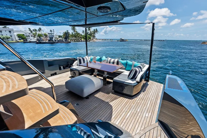 Momentum Yacht Photos Pics Luxurious 2024 Riva 76 PERSEO Super yacht deck with elegant seating and ocean view.