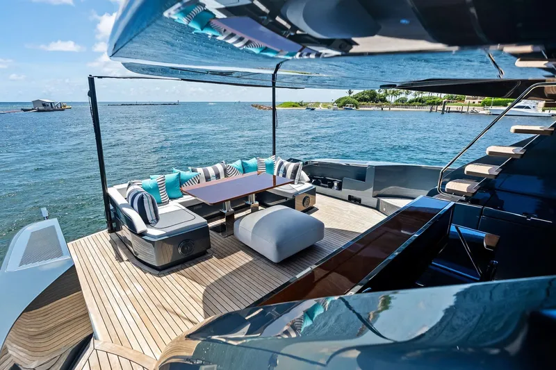Momentum Yacht Photos Pics Luxurious 2024 Riva 76 PERSEO Super yacht deck with elegant seating and ocean view.