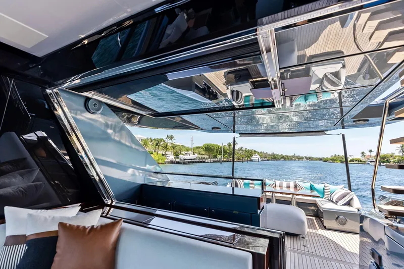 Momentum Yacht Photos Pics Luxurious interior of 2024 Riva 76 PERSEO Super yacht with scenic water view.