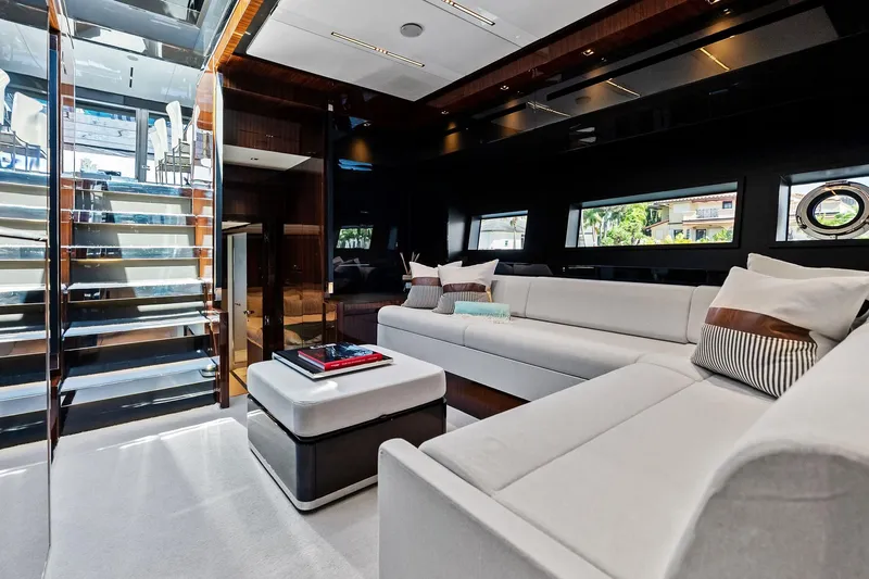 Momentum Yacht Photos Pics Luxurious interior of 2024 Riva 76 PERSEO Super yacht with modern seating and elegant design.