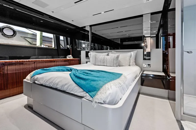 Momentum Yacht Photos Pics Luxurious bedroom interior of 2024 Riva 76 PERSEO Super yacht with modern design.