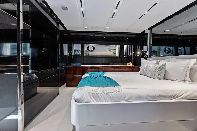 Momentum Yacht Photos Pics Luxurious bedroom interior of 2024 Riva 76 PERSEO Super yacht with modern design.