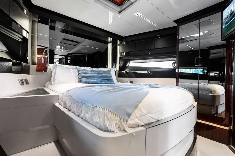 Momentum Yacht Photos Pics Luxurious bedroom interior of 2024 Riva 76 PERSEO Super yacht with modern design.