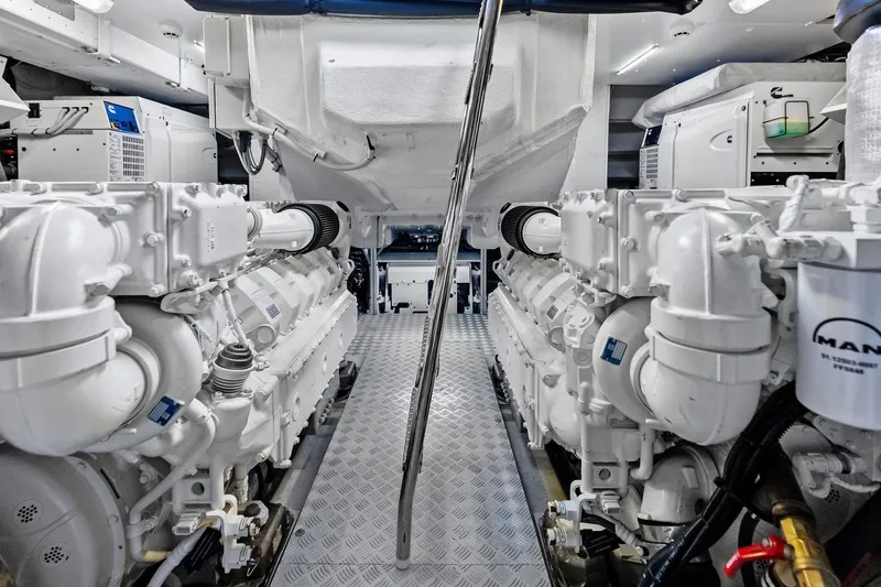 Momentum Yacht Photos Pics Engine room of 2024 Riva 76 PERSEO Super yacht, featuring dual powerful engines.