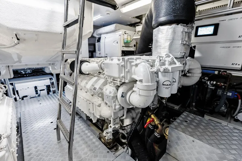 Momentum Yacht Photos Pics Engine room of 2024 Riva 76 PERSEO Super yacht, featuring advanced machinery and equipment.