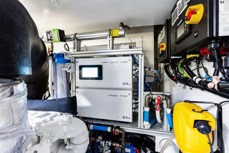 Momentum Yacht Photos Pics Engine room of 2024 Riva 76 PERSEO Super yacht, showcasing advanced machinery and control systems.