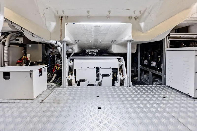 Momentum Yacht Photos Pics Engine room of 2024 Riva 76 PERSEO Super yacht, showcasing advanced machinery and equipment.