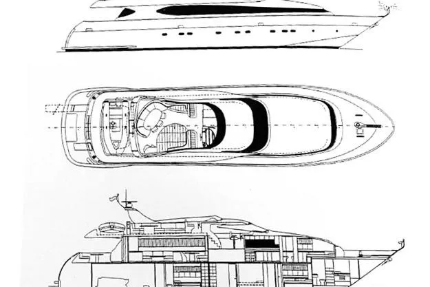 Lady A Yacht Photos Pics Blueprint of 2000 Maiora 29 DP yacht, showcasing side, top, and sectional views.