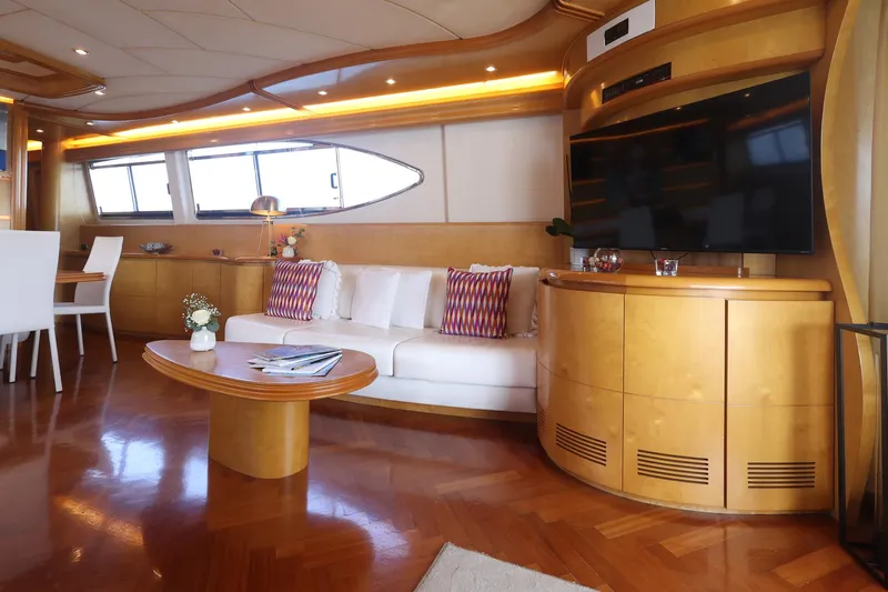 Lady A Yacht Photos Pics Luxurious interior of 2000 Maiora 29 DP yacht with modern furnishings and elegant decor.