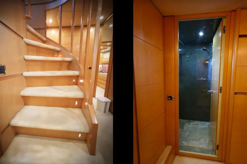 Lady A Yacht Photos Pics Luxurious interior of 2000 Maiora 29 DP yacht featuring elegant staircase and modern shower.