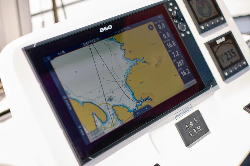 Spellbound Yacht Photos Pics Navigation display on 2023 Lagoon 50 yacht, showing detailed marine chart and data.