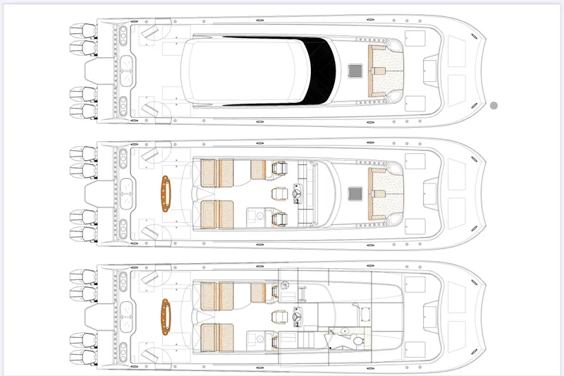  Yacht Photos Pics Floor plan of 2026 Front Runner 55 Catamaran, showcasing three deck layouts.