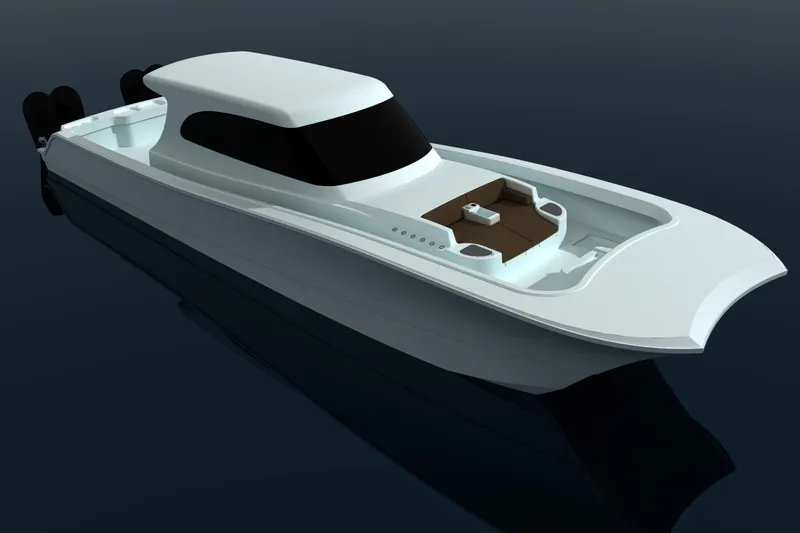  Yacht Photos Pics 2026 Front Runner 55 Catamaran, sleek design, modern luxury yacht on calm water.