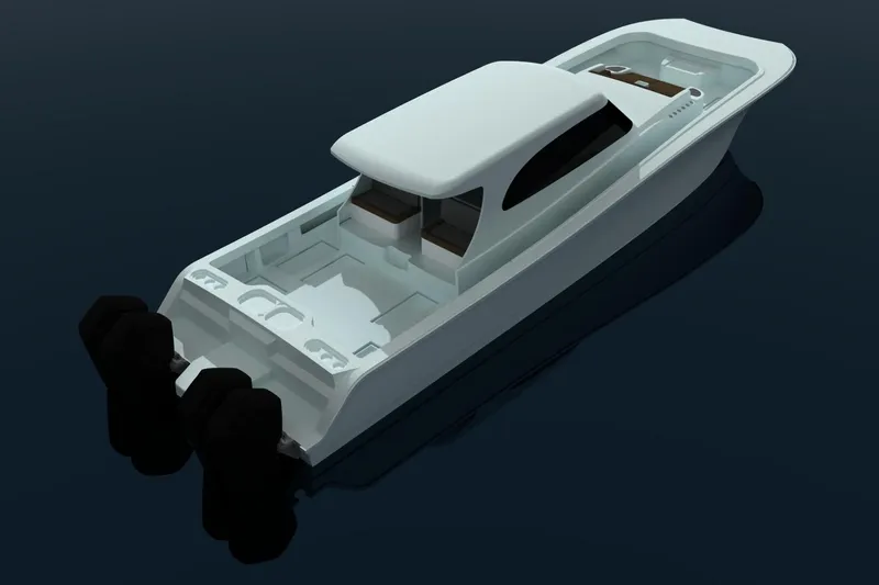  Yacht Photos Pics 2026 Front Runner 55 Catamaran on water, showcasing sleek design and powerful engines.