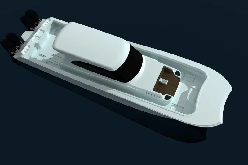  Yacht Photos Pics 2026 Front Runner 55 Catamaran, aerial view, sleek design, modern luxury yacht.