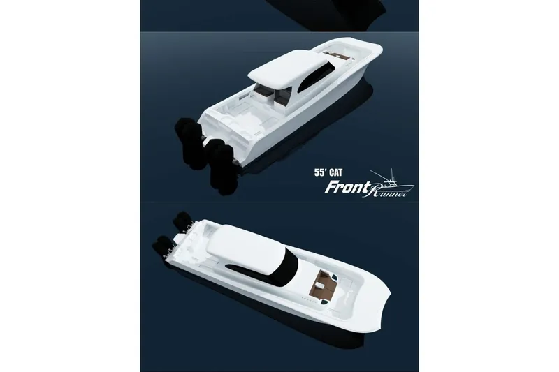  Yacht Photos Pics Front Runner 55 Catamaran 2026, sleek white design, dual views, on dark water background.