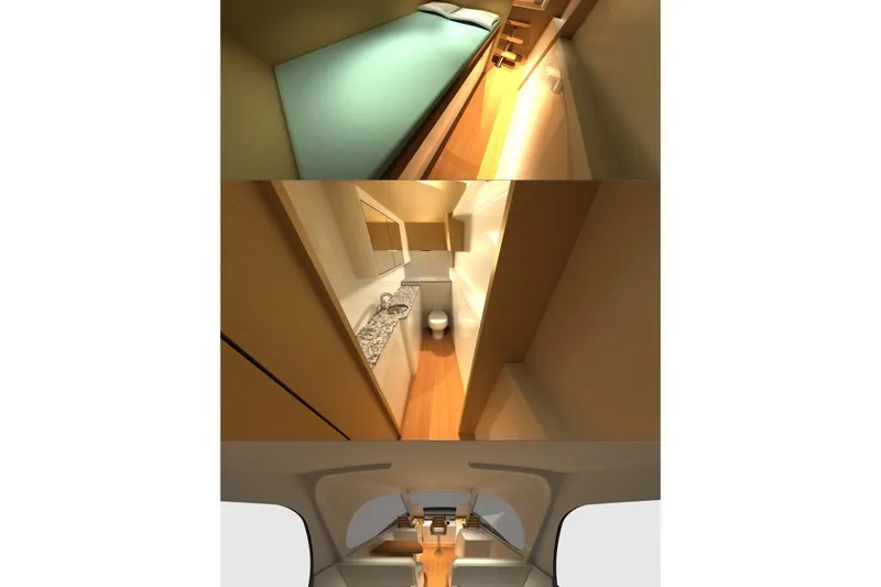  Yacht Photos Pics Interior views of 2026 Front Runner 55 Catamaran, showcasing bedroom, bathroom, and seating area.