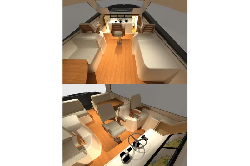  Yacht Photos Pics Interior of 2026 Front Runner 55 Catamaran, featuring modern seating and navigation area.