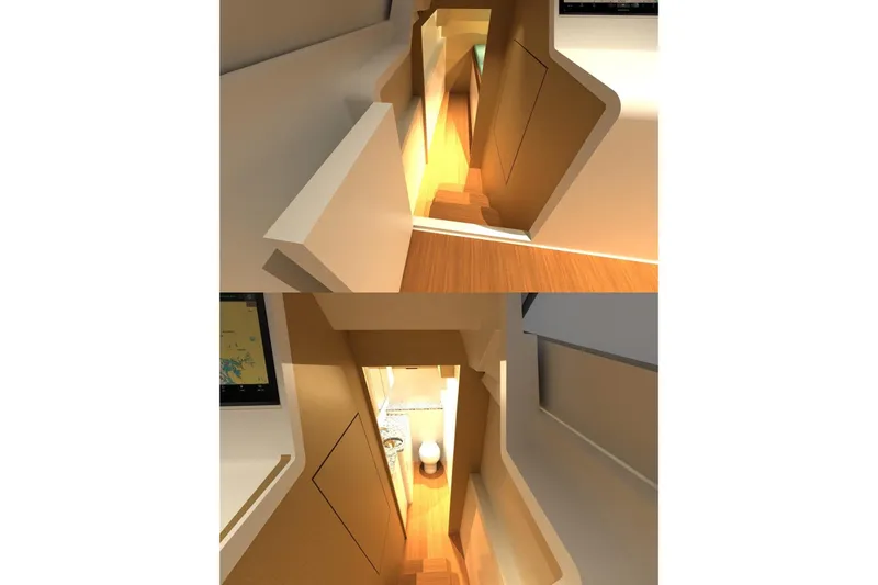 Yacht Photos Pics Interior view of 2026 Front Runner 55 Catamaran, featuring sleek, modern design and warm lighting.