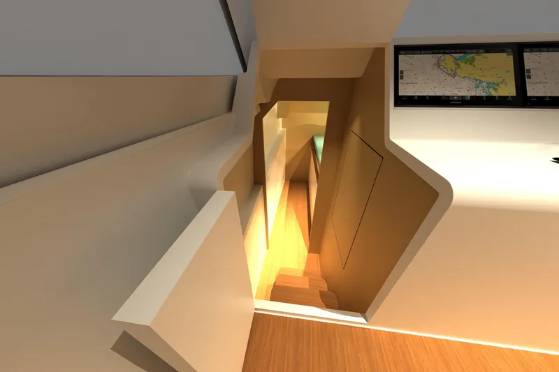  Yacht Photos Pics Interior view of 2026 Front Runner 55 Catamaran, featuring modern design and navigation screens.