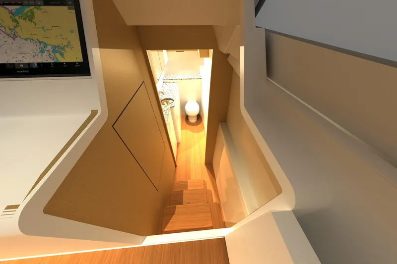  Yacht Photos Pics Interior view of 2026 Front Runner 55 Catamaran, featuring modern design and wooden flooring.