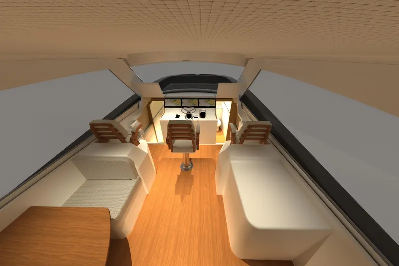  Yacht Photos Pics Interior of 2026 Front Runner 55 Catamaran, featuring modern helm and seating area.