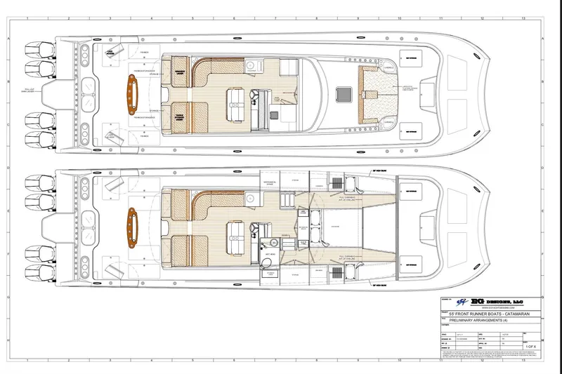  Yacht Photos Pics Blueprint of 2026 Front Runner 55 Catamaran, showcasing detailed interior and exterior layouts.