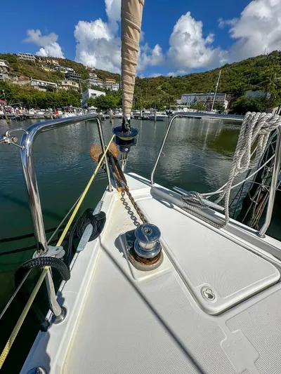 Sadalbari Yacht Photos Pics Beneteau Oceanis 41.1 sailboat deck, 2018 model, docked in a scenic marina.
