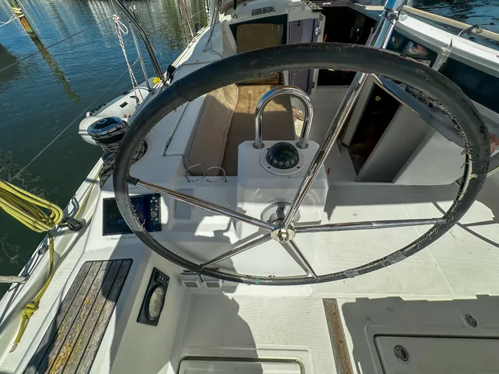 Sadalbari Yacht Photos Pics Cockpit of 2018 Beneteau Oceanis 41.1 sailboat with steering wheel and navigation instruments.