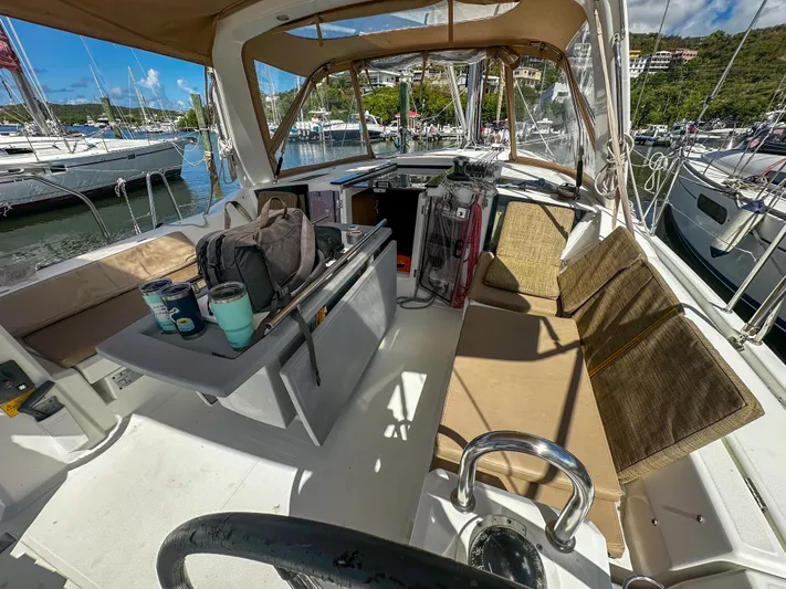 Sadalbari Yacht Photos Pics Cockpit of 2018 Beneteau Oceanis 41.1 sailboat with seating and gear.
