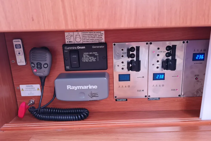 Boxter Yacht Photos Pics Control panel of a 2013 Beneteau Sense 50 yacht with generator and navigation systems.