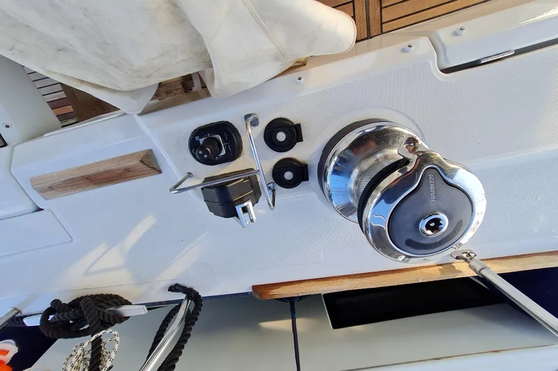 Boxter Yacht Photos Pics Deck equipment on a 2013 Beneteau Sense 50 yacht, featuring winch and control panel.
